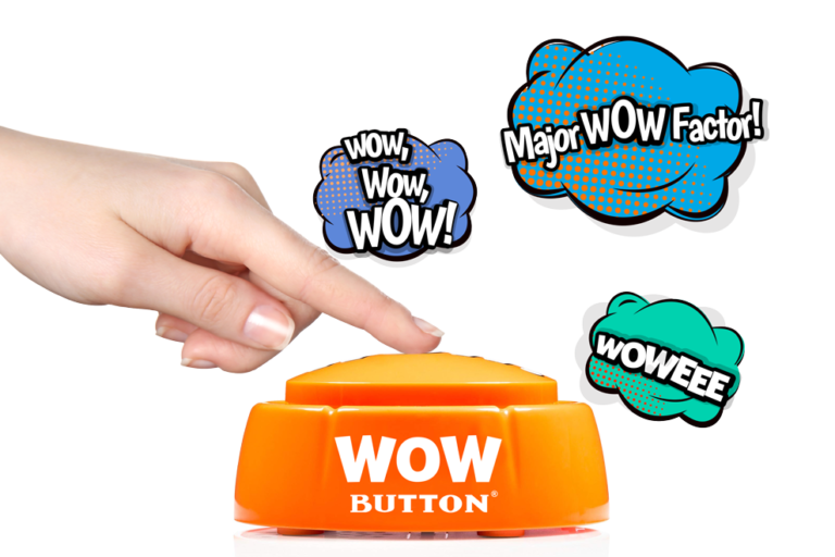 Hand pressing orange WOW Button toy surrounded by comic-style speech bubbles with fun WOW expressions