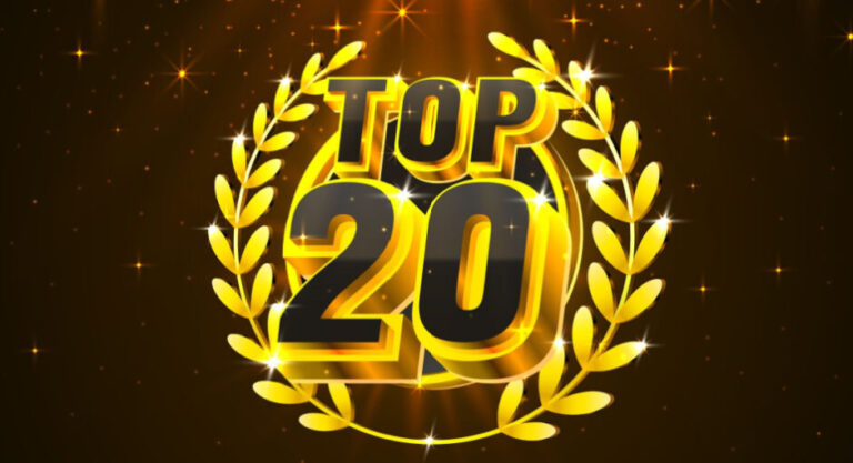 Top 20 golden award emblem with laurel wreath on dark background